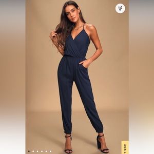Lulu’s Navy Blue Halter Jumpsuit